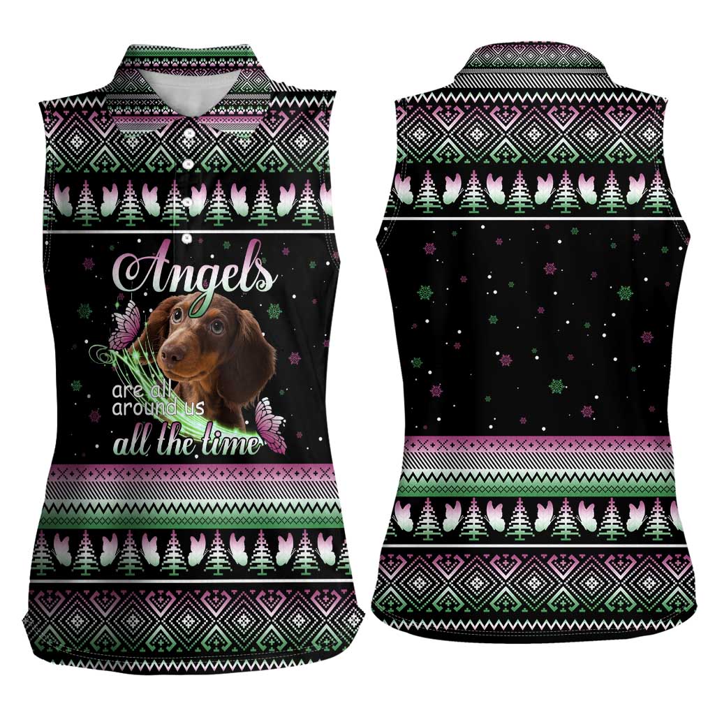 Christmas Dachshund Angel Dog Women Sleeveless Polo Shirt Pink Green Tree Feather Pattern Design - Wonder Print Shop