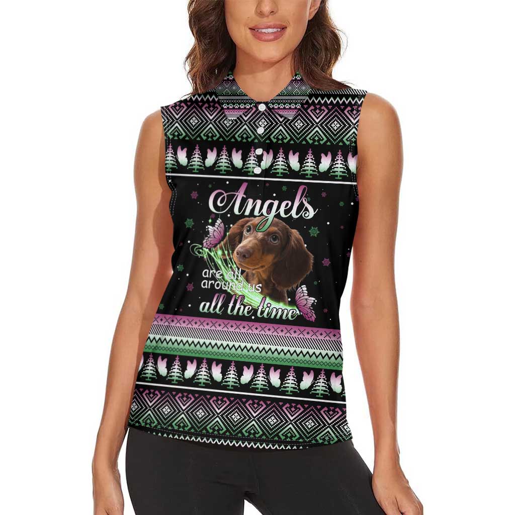 Christmas Dachshund Angel Dog Women Sleeveless Polo Shirt Pink Green Tree Feather Pattern Design - Wonder Print Shop