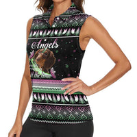 Christmas Dachshund Angel Dog Women Sleeveless Polo Shirt Pink Green Tree Feather Pattern Design - Wonder Print Shop