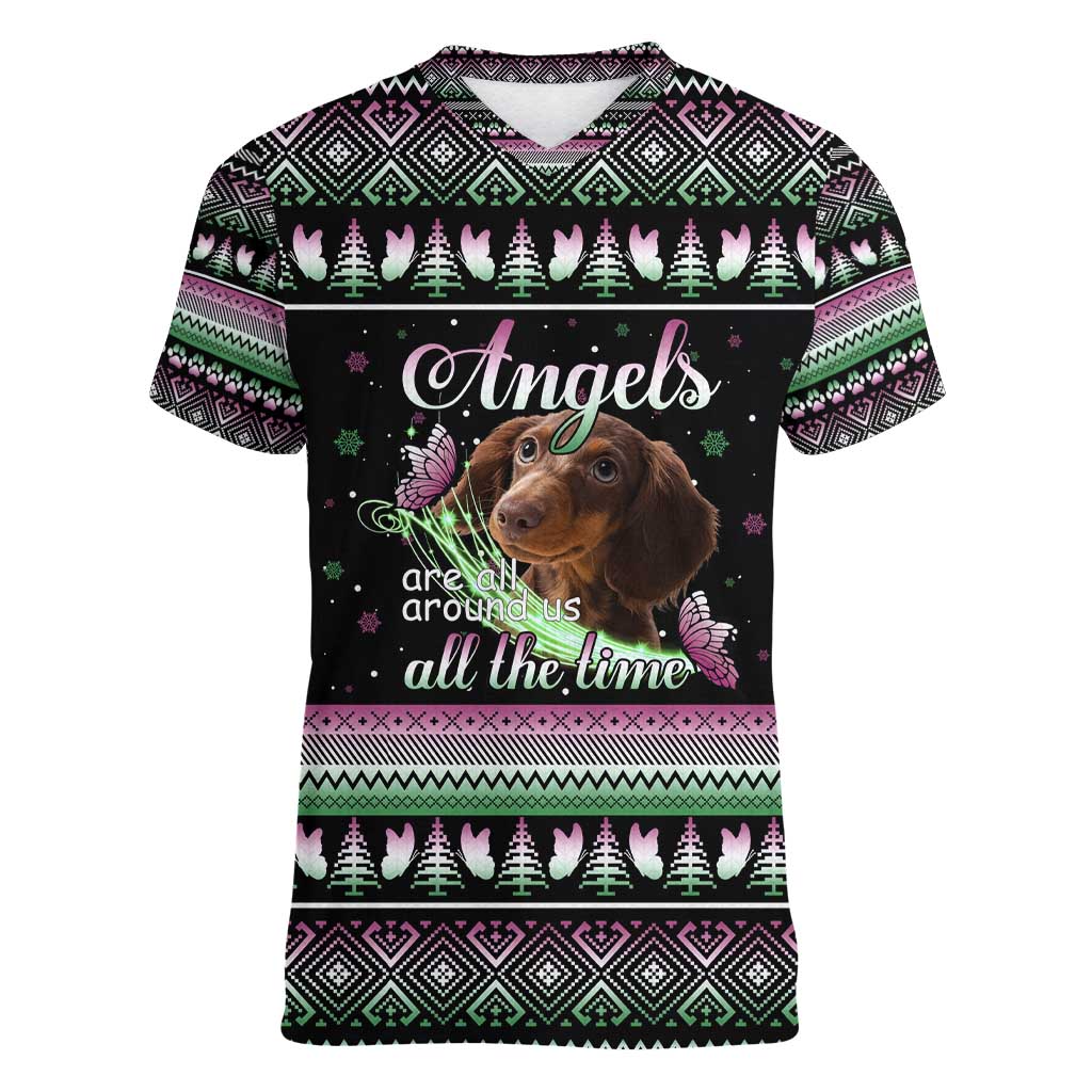 Christmas Dachshund Angel Dog Women V-Neck T-Shirt Pink Green Tree Feather Pattern Design - Wonder Print Shop