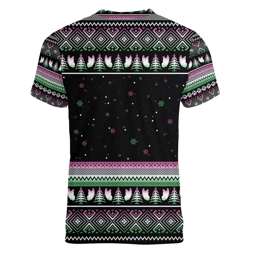 Christmas Dachshund Angel Dog Women V-Neck T-Shirt Pink Green Tree Feather Pattern Design - Wonder Print Shop