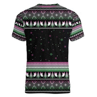 Christmas Dachshund Angel Dog Women V-Neck T-Shirt Pink Green Tree Feather Pattern Design - Wonder Print Shop
