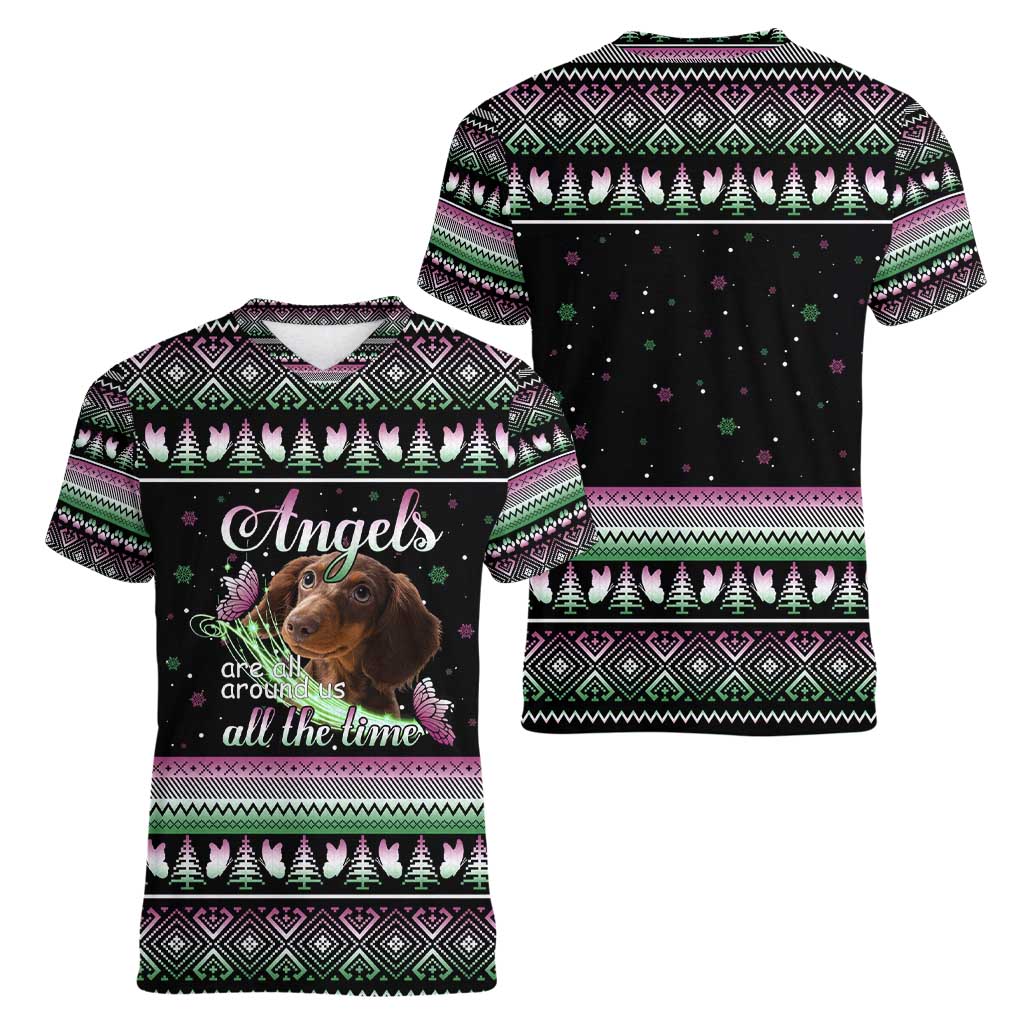 Christmas Dachshund Angel Dog Women V-Neck T-Shirt Pink Green Tree Feather Pattern Design - Wonder Print Shop