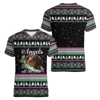 Christmas Dachshund Angel Dog Women V-Neck T-Shirt Pink Green Tree Feather Pattern Design - Wonder Print Shop