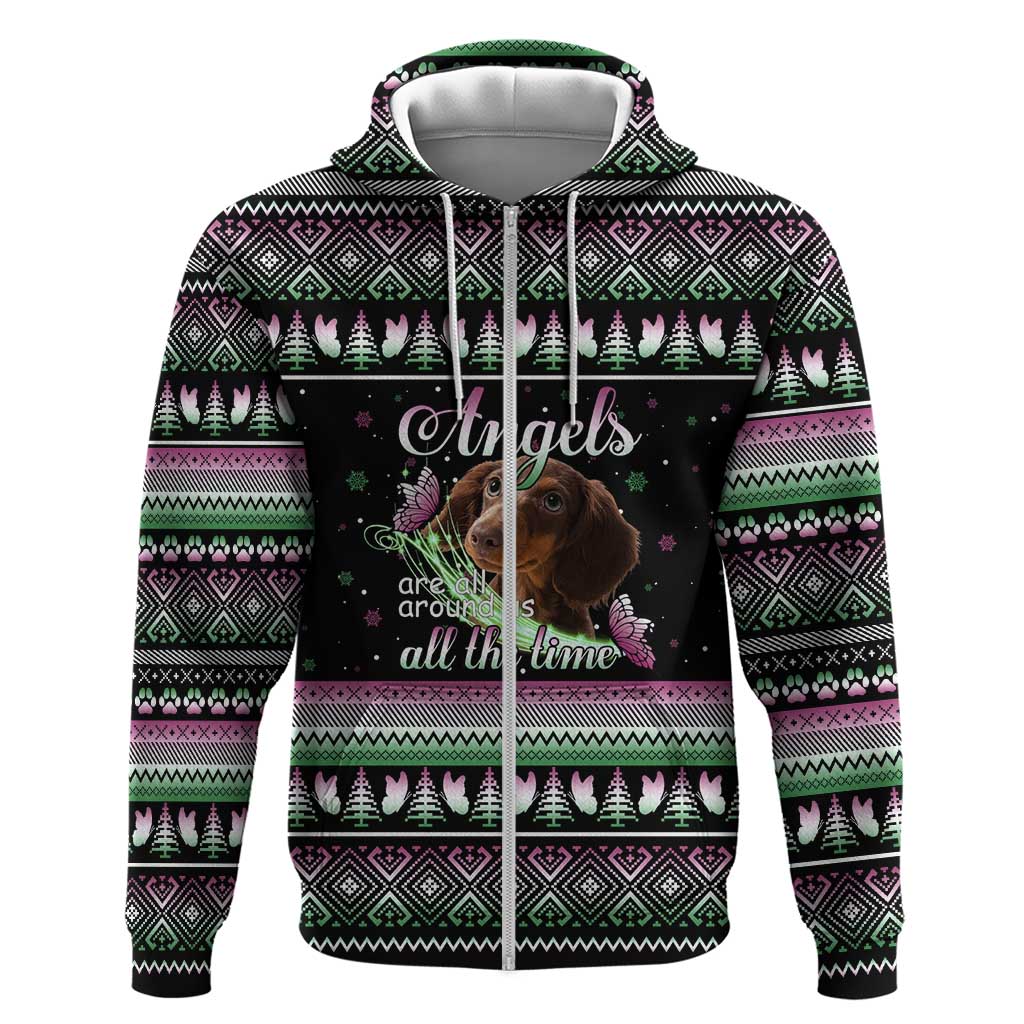 Christmas Dachshund Angel Dog Zip Hoodie Pink Green Tree Feather Pattern Design - Wonder Print Shop