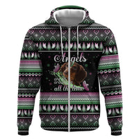 Christmas Dachshund Angel Dog Zip Hoodie Pink Green Tree Feather Pattern Design - Wonder Print Shop