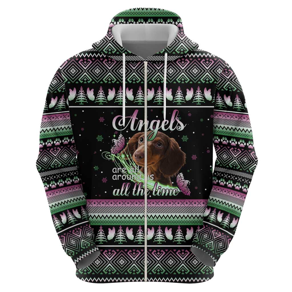 Christmas Dachshund Angel Dog Zip Hoodie Pink Green Tree Feather Pattern Design - Wonder Print Shop