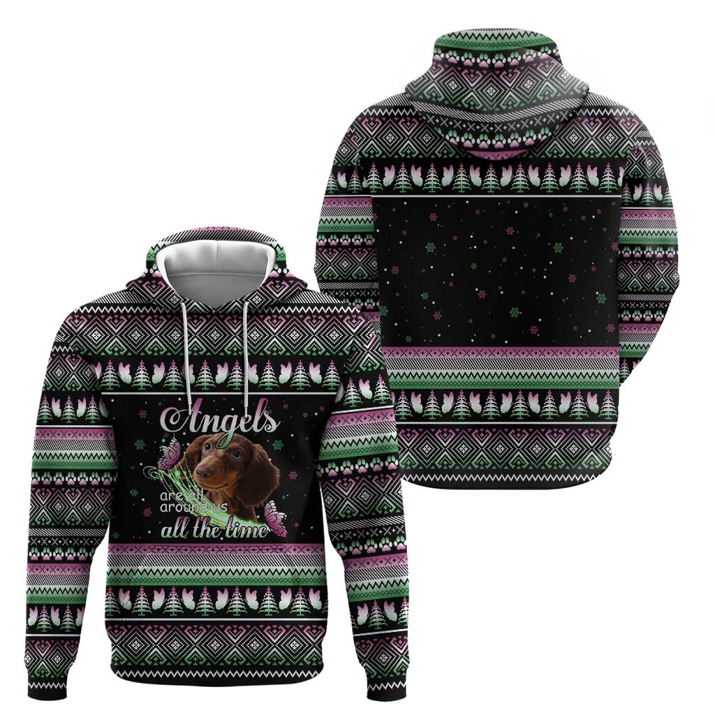 Christmas Dachshund Angel Dog Zip Hoodie Pink Green Tree Feather Pattern Design - Wonder Print Shop