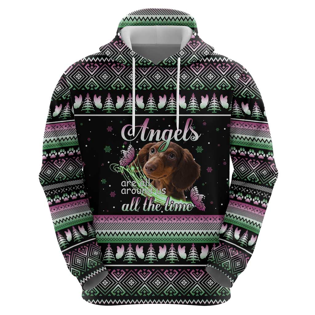 Christmas Dachshund Angel Dog Zip Hoodie Pink Green Tree Feather Pattern Design - Wonder Print Shop