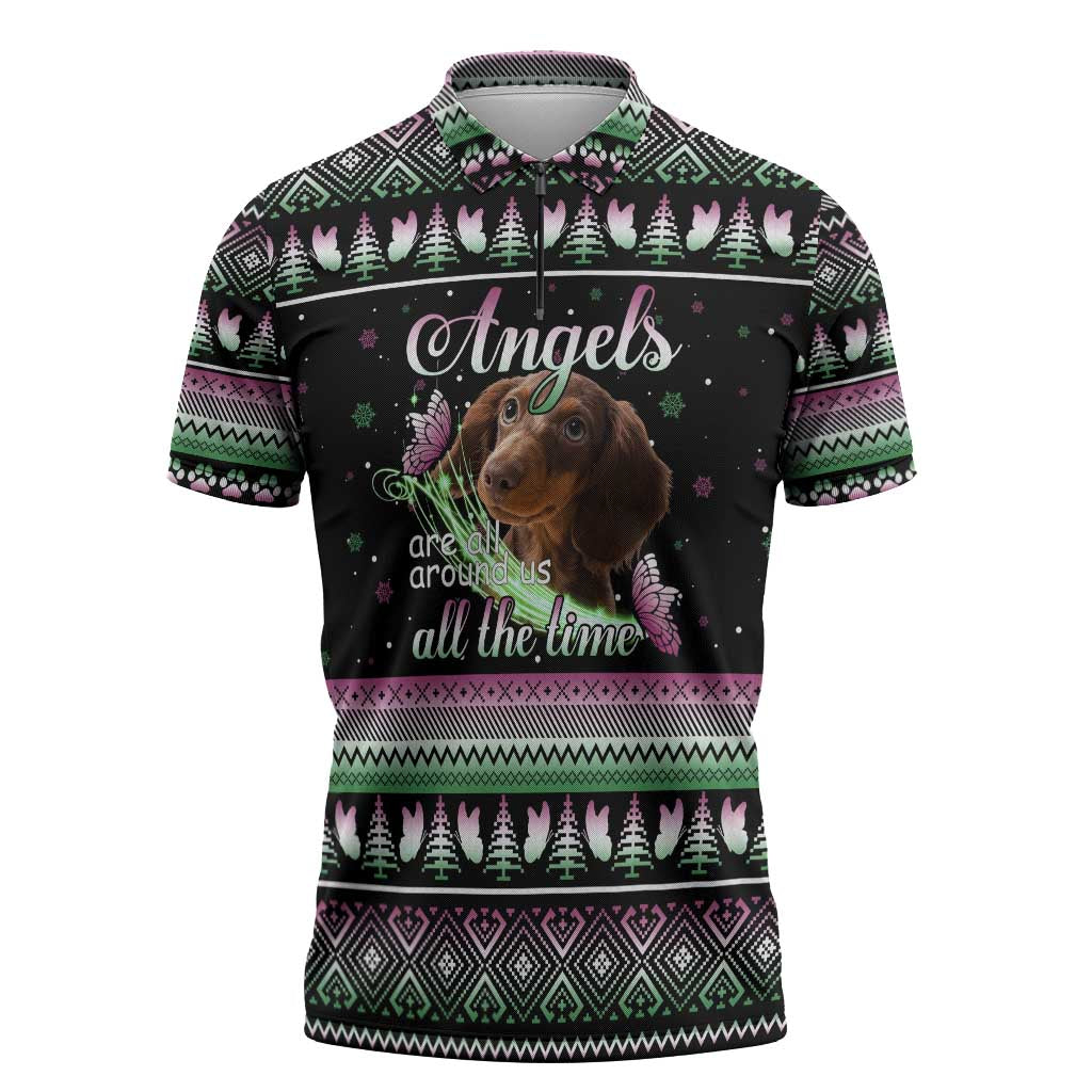 Christmas Dachshund Angel Dog Zipper Polo Shirt Pink Green Tree Feather Pattern Design - Wonder Print Shop