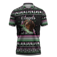 Christmas Dachshund Angel Dog Zipper Polo Shirt Pink Green Tree Feather Pattern Design - Wonder Print Shop