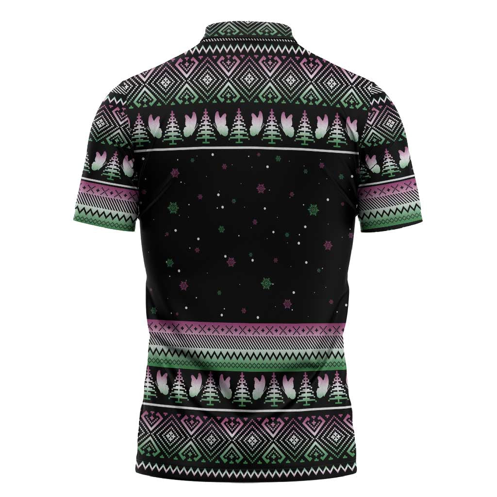 Christmas Dachshund Angel Dog Zipper Polo Shirt Pink Green Tree Feather Pattern Design - Wonder Print Shop