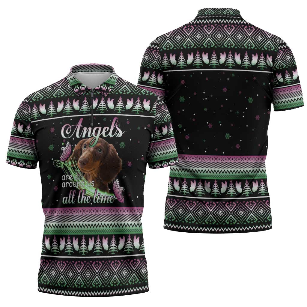 Christmas Dachshund Angel Dog Zipper Polo Shirt Pink Green Tree Feather Pattern Design - Wonder Print Shop