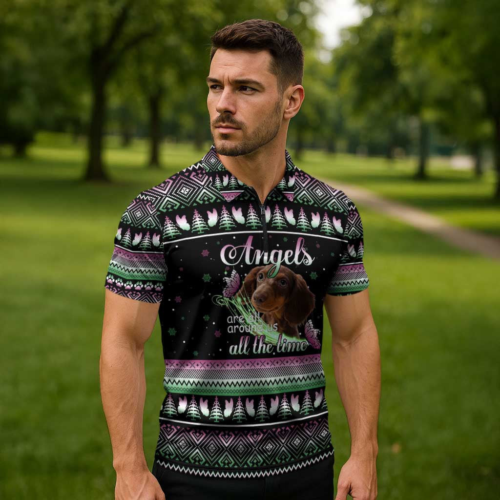 Christmas Dachshund Angel Dog Zipper Polo Shirt Pink Green Tree Feather Pattern Design - Wonder Print Shop
