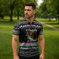 Christmas Dachshund Angel Dog Zipper Polo Shirt Pink Green Tree Feather Pattern Design - Wonder Print Shop