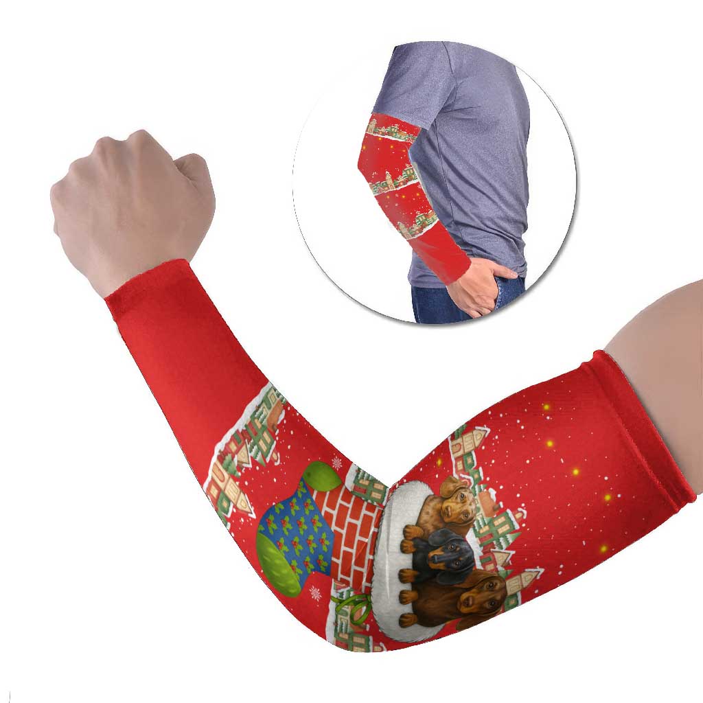Funny Dachshund Dog Light Up Christmas Arm Sleeves Snowy Village Red Holiday Design - Wonder Print Shop