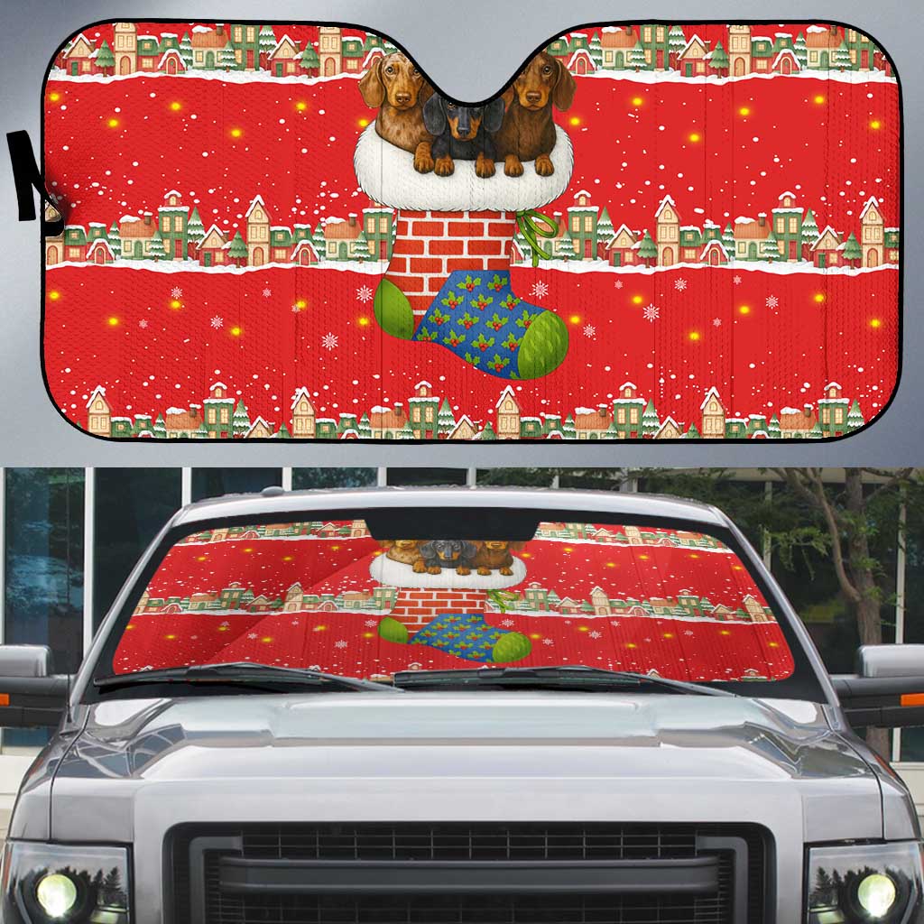 Funny Dachshund Dog Light Up Christmas Auto Sun Shade Snowy Village Red Holiday Design - Wonder Print Shop