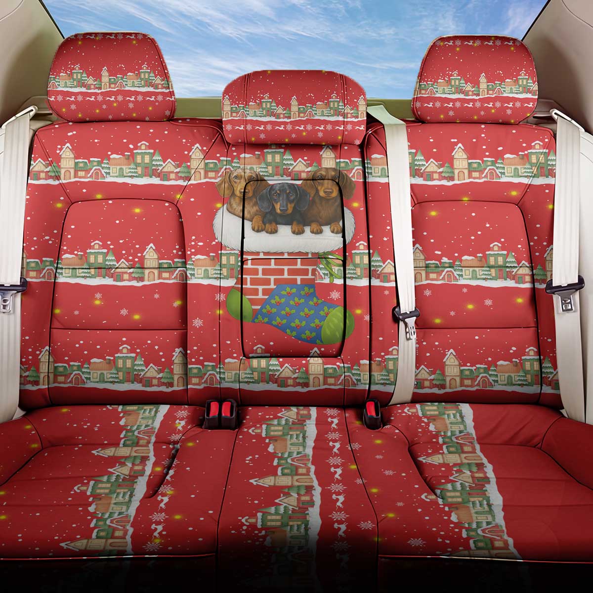 Funny Dachshund Dog Light Up Christmas Back Car Seat Cover Snowy Village Red Holiday Design - Wonder Print Shop
