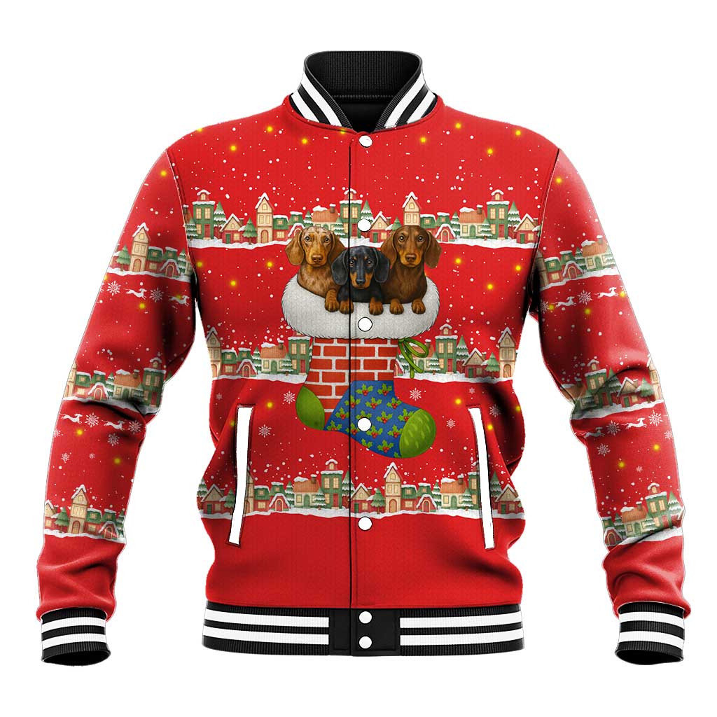 Funny Dachshund Dog Light Up Christmas Baseball Jacket Snowy Village Red Holiday Design - Wonder Print Shop
