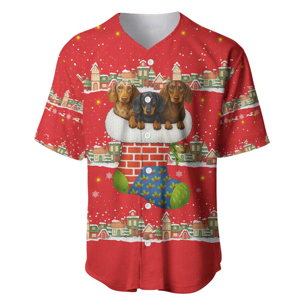 Funny Dachshund Dog Light Up Christmas Baseball Jersey Snowy Village Red Holiday Design - Wonder Print Shop