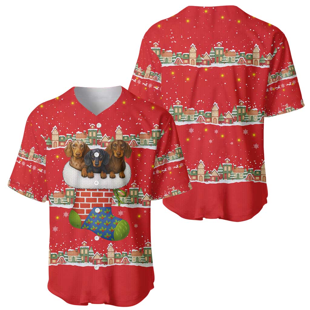 Funny Dachshund Dog Light Up Christmas Baseball Jersey Snowy Village Red Holiday Design - Wonder Print Shop