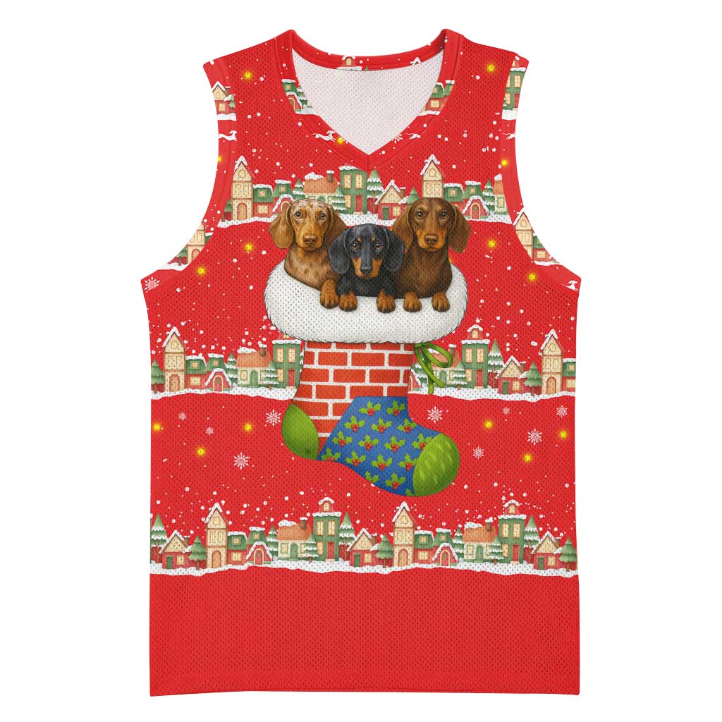 Funny Dachshund Dog Light Up Christmas Basketball Jersey Snowy Village Red Holiday Design - Wonder Print Shop