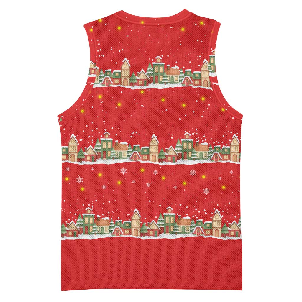 Funny Dachshund Dog Light Up Christmas Basketball Jersey Snowy Village Red Holiday Design - Wonder Print Shop