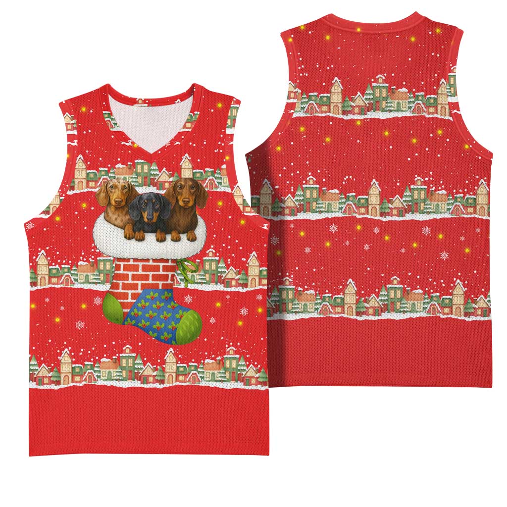 Funny Dachshund Dog Light Up Christmas Basketball Jersey Snowy Village Red Holiday Design - Wonder Print Shop