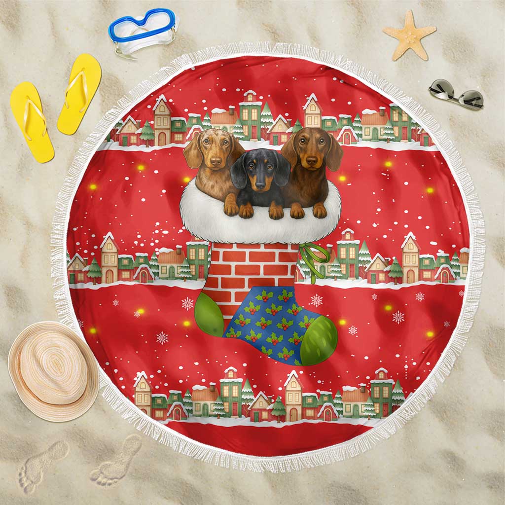 Funny Dachshund Dog Light Up Christmas Beach Blanket Snowy Village Red Holiday Design - Wonder Print Shop