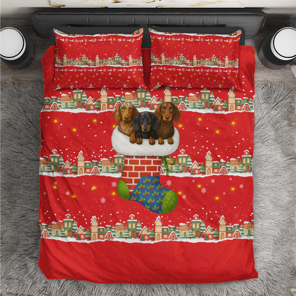 Funny Dachshund Dog Light Up Christmas Bedding Set Snowy Village Red Holiday Design - Wonder Print Shop