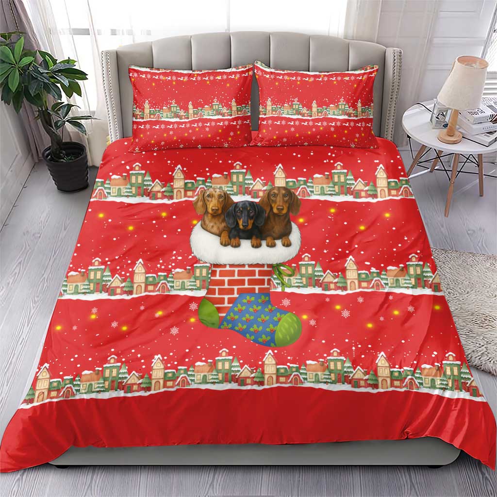 Funny Dachshund Dog Light Up Christmas Bedding Set Snowy Village Red Holiday Design - Wonder Print Shop