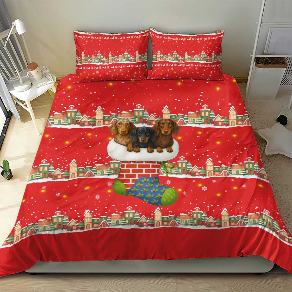 Funny Dachshund Dog Light Up Christmas Bedding Set Snowy Village Red Holiday Design - Wonder Print Shop