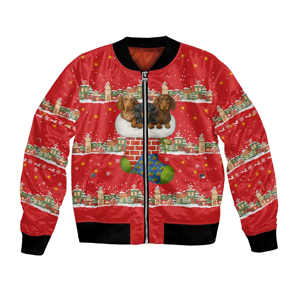 Funny Dachshund Dog Light Up Christmas Bomber Jacket Snowy Village Red Holiday Design - Wonder Print Shop