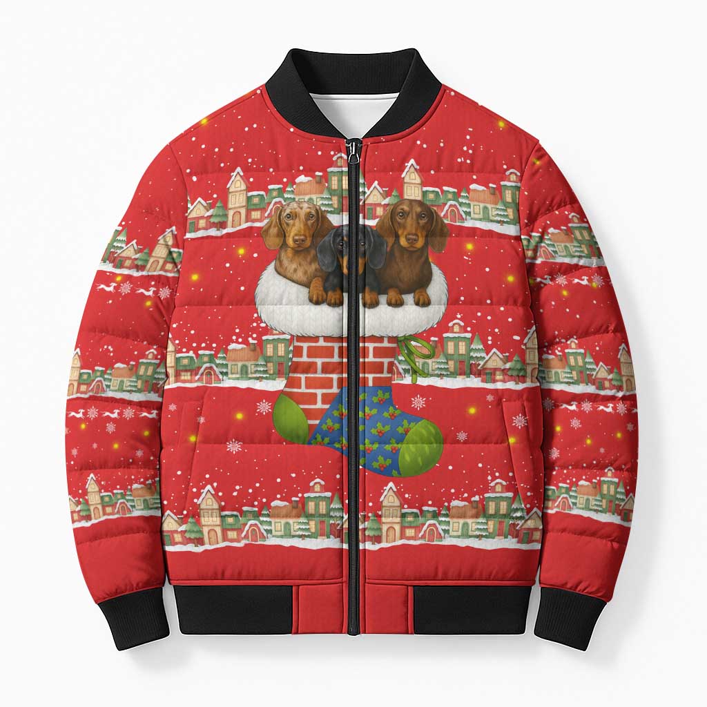 Funny Dachshund Dog Light Up Christmas Bomber Puffer Jacket Snowy Village Red Holiday Design - Wonder Print Shop