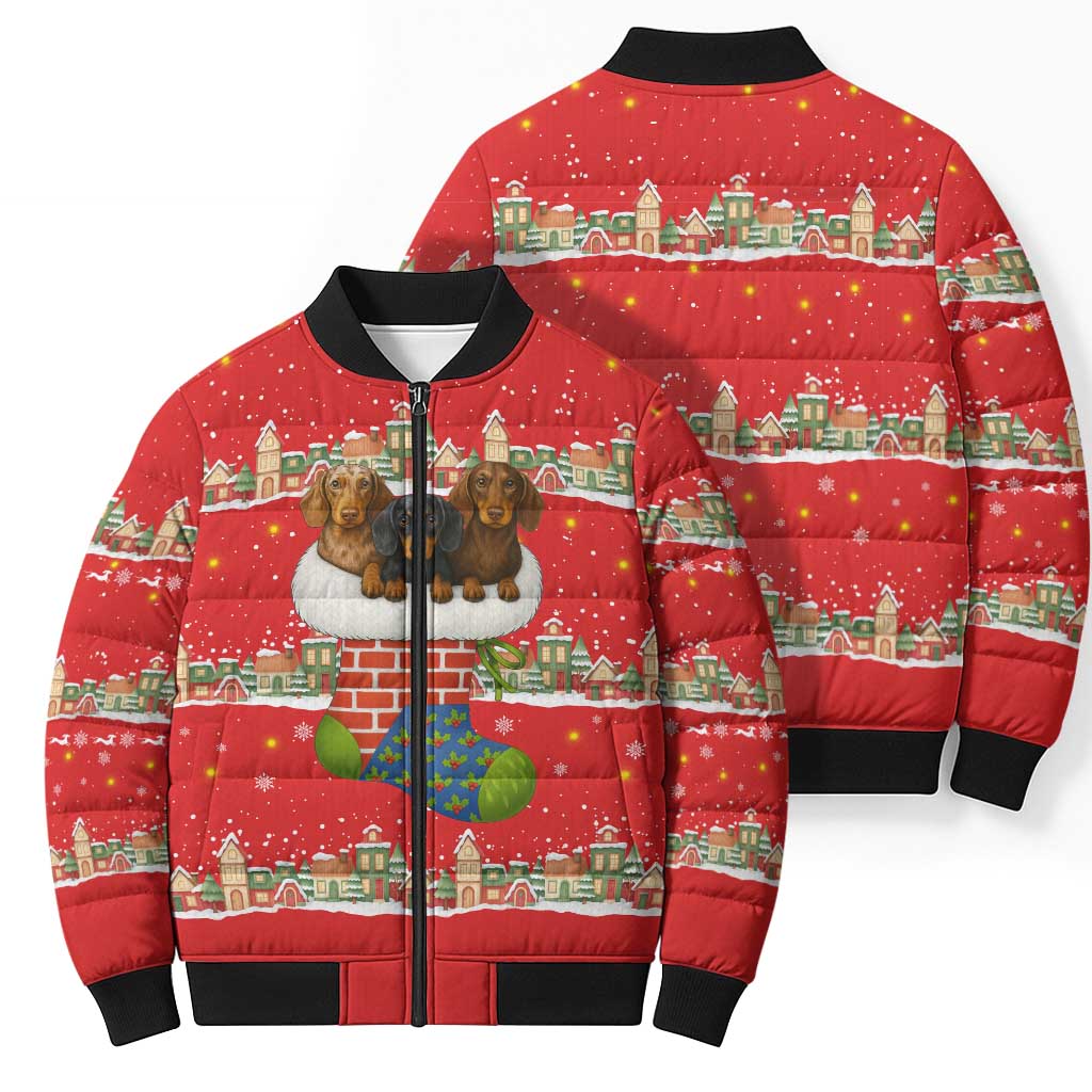 Funny Dachshund Dog Light Up Christmas Bomber Puffer Jacket Snowy Village Red Holiday Design - Wonder Print Shop