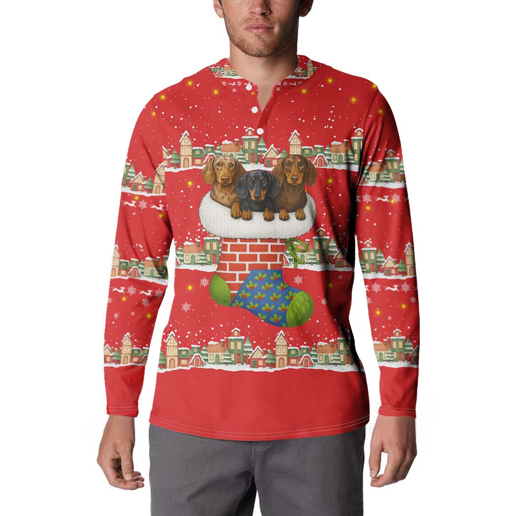 Funny Dachshund Dog Light Up Christmas Button Sweatshirt Snowy Village Red Holiday Design - Wonder Print Shop