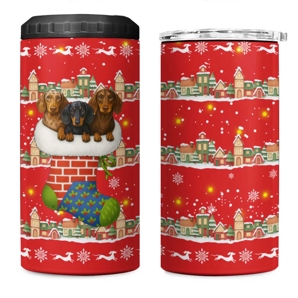 Funny Dachshund Dog Light Up Christmas 4 in 1 Can Cooler Tumbler Snowy Village Red Holiday Design - Wonder Print Shop