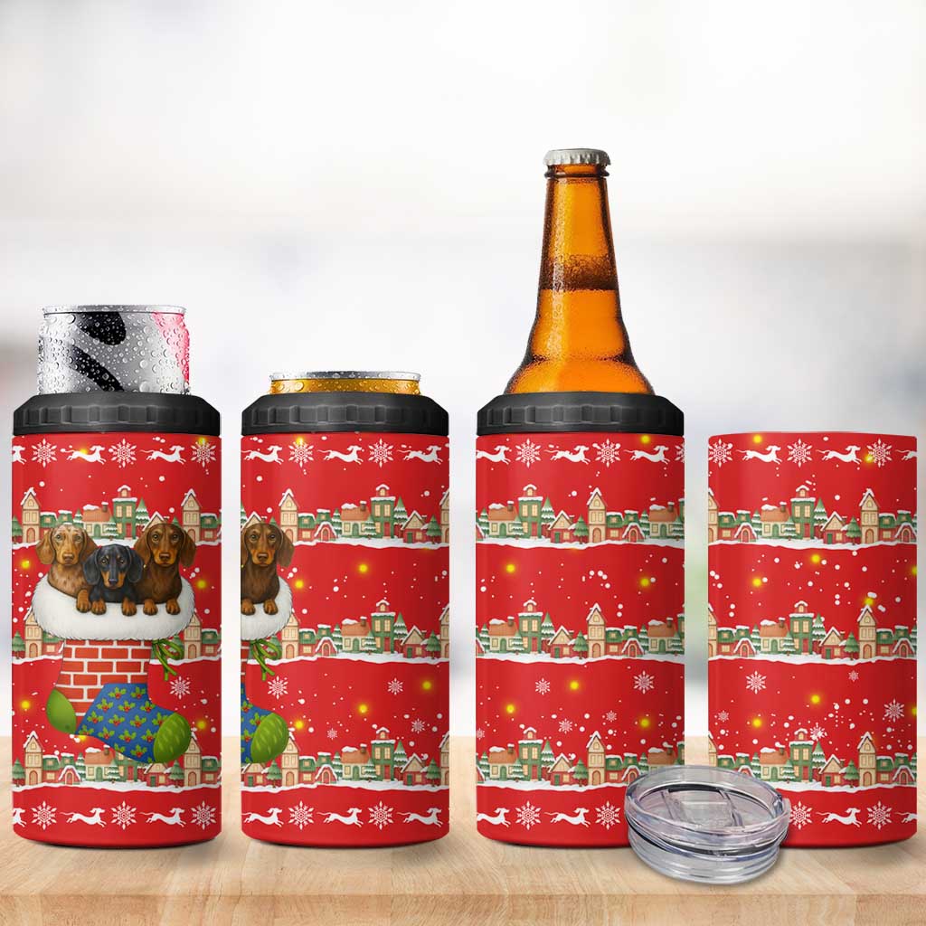 Funny Dachshund Dog Light Up Christmas 4 in 1 Can Cooler Tumbler Snowy Village Red Holiday Design - Wonder Print Shop