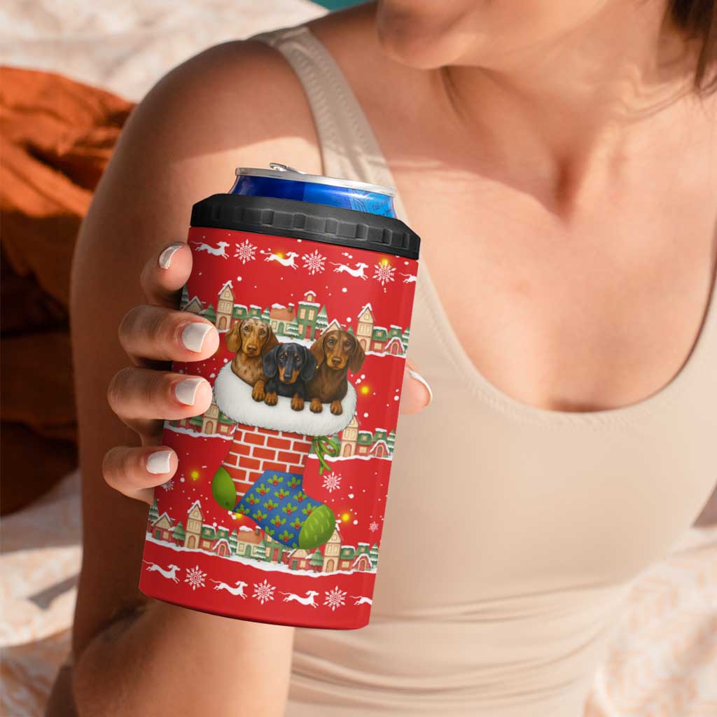Funny Dachshund Dog Light Up Christmas 4 in 1 Can Cooler Tumbler Snowy Village Red Holiday Design - Wonder Print Shop