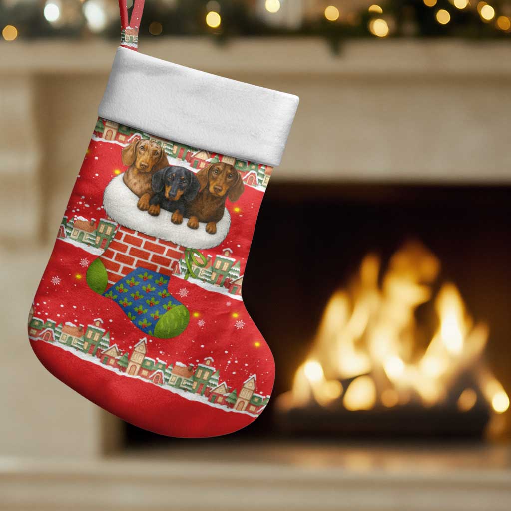 Funny Dachshund Dog Light Up Christmas Stocking Snowy Village Red Holiday Design - Wonder Print Shop