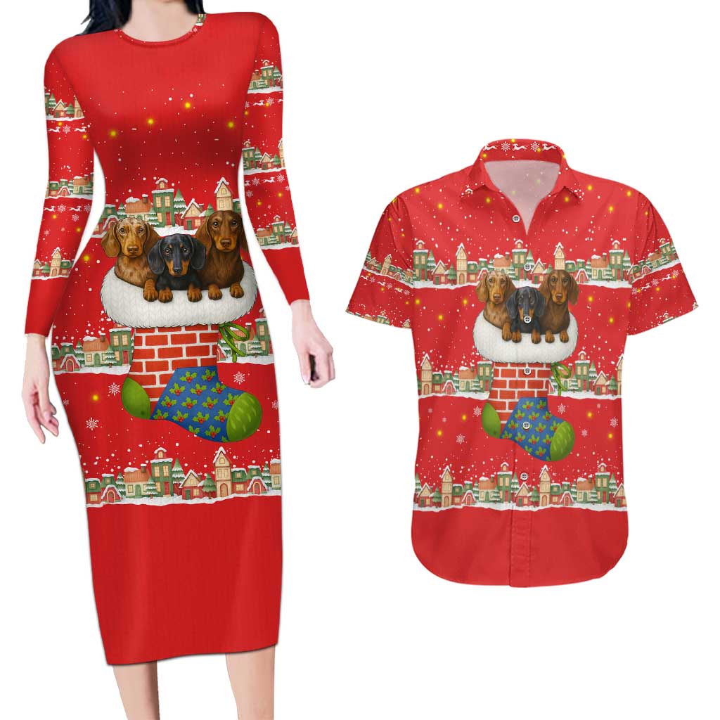 Funny Dachshund Dog Light Up Christmas Couples Matching Long Sleeve Bodycon Dress and Hawaiian Shirt Snowy Village Red Holiday Design - Wonder Print Shop