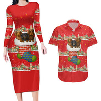 Funny Dachshund Dog Light Up Christmas Couples Matching Long Sleeve Bodycon Dress and Hawaiian Shirt Snowy Village Red Holiday Design - Wonder Print Shop