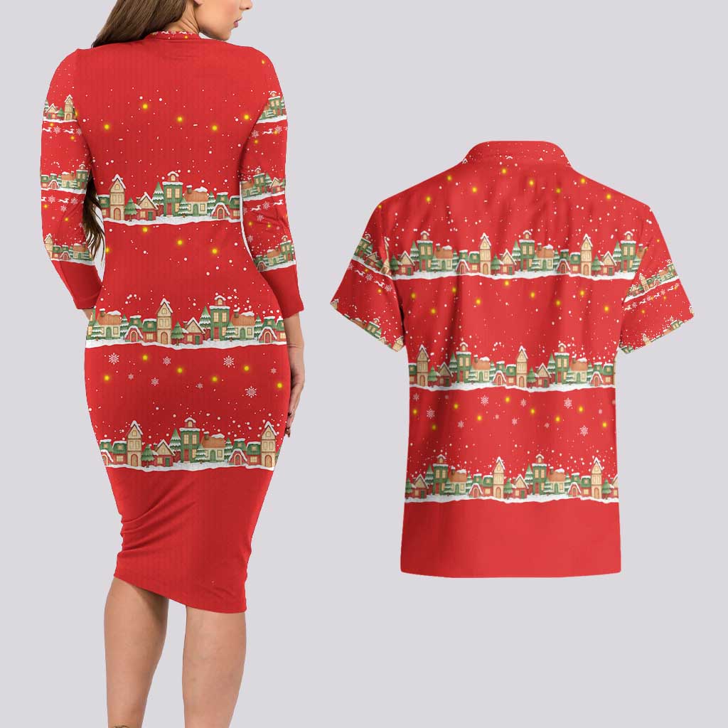 Funny Dachshund Dog Light Up Christmas Couples Matching Long Sleeve Bodycon Dress and Hawaiian Shirt Snowy Village Red Holiday Design - Wonder Print Shop