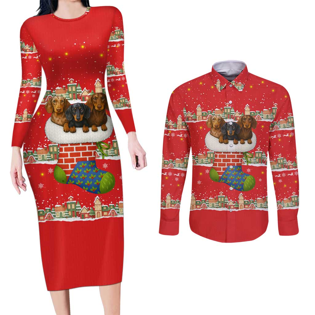 Funny Dachshund Dog Light Up Christmas Couples Matching Long Sleeve Bodycon Dress and Long Sleeve Button Shirt Snowy Village Red Holiday Design - Wonder Print Shop