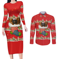 Funny Dachshund Dog Light Up Christmas Couples Matching Long Sleeve Bodycon Dress and Long Sleeve Button Shirt Snowy Village Red Holiday Design - Wonder Print Shop