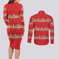 Funny Dachshund Dog Light Up Christmas Couples Matching Long Sleeve Bodycon Dress and Long Sleeve Button Shirt Snowy Village Red Holiday Design - Wonder Print Shop