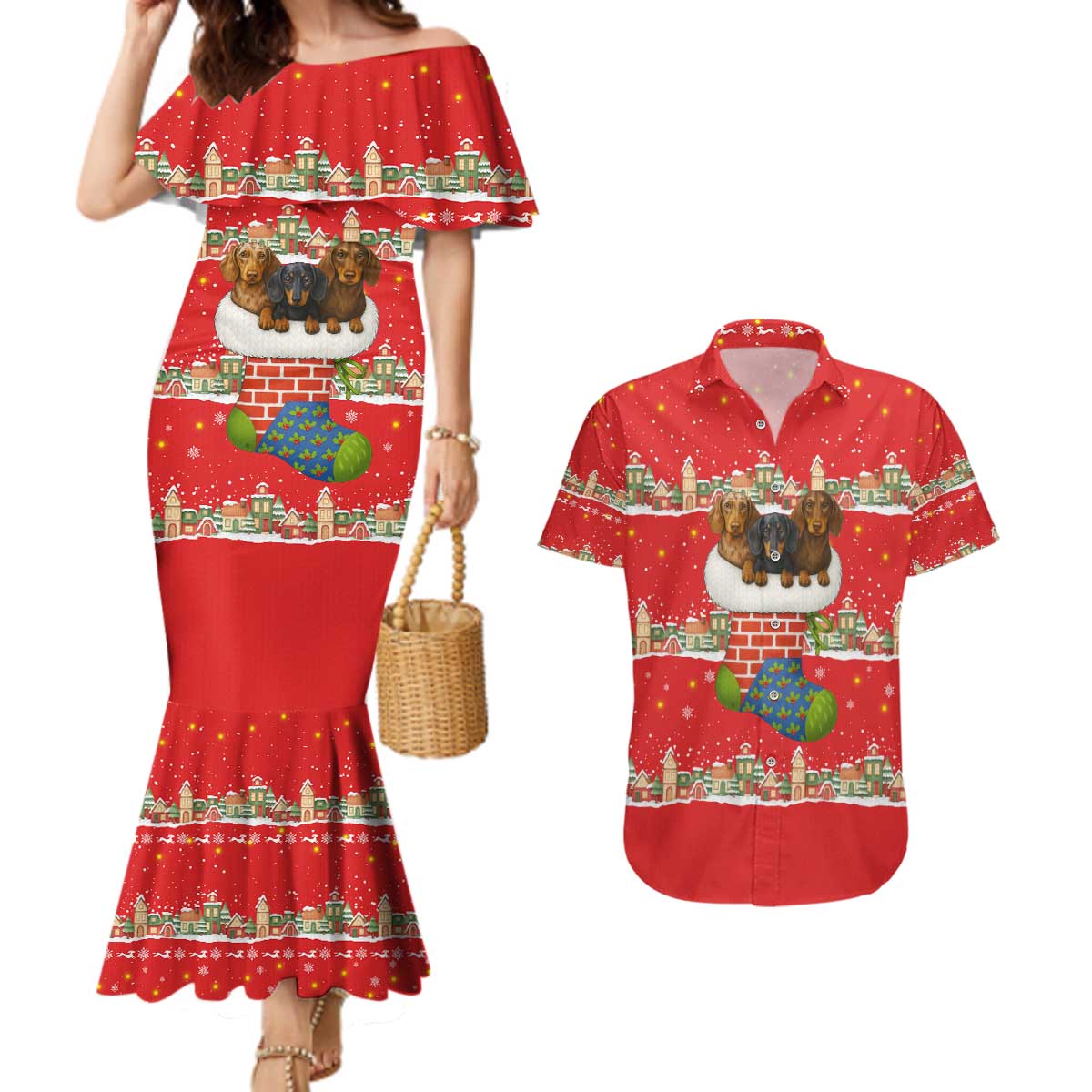 Funny Dachshund Dog Light Up Christmas Couples Matching Mermaid Dress and Hawaiian Shirt Snowy Village Red Holiday Design - Wonder Print Shop