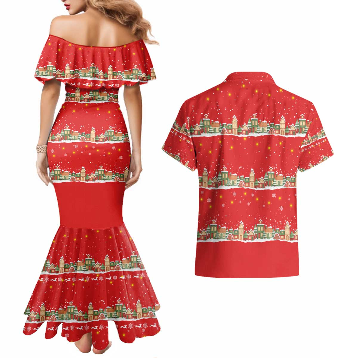 Funny Dachshund Dog Light Up Christmas Couples Matching Mermaid Dress and Hawaiian Shirt Snowy Village Red Holiday Design - Wonder Print Shop