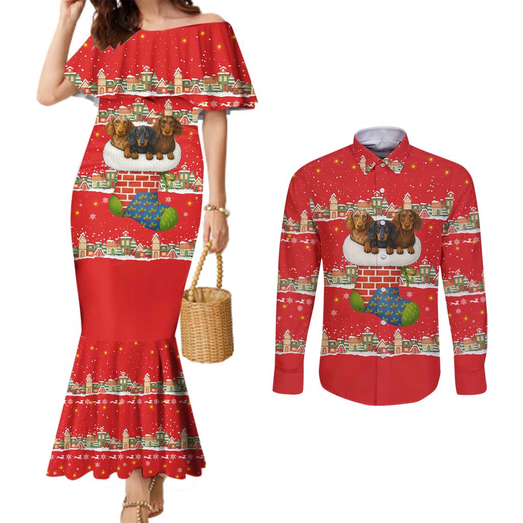 Funny Dachshund Dog Light Up Christmas Couples Matching Mermaid Dress and Long Sleeve Button Shirt Snowy Village Red Holiday Design - Wonder Print Shop