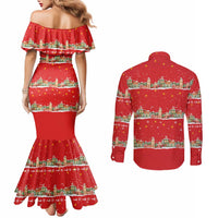 Funny Dachshund Dog Light Up Christmas Couples Matching Mermaid Dress and Long Sleeve Button Shirt Snowy Village Red Holiday Design - Wonder Print Shop